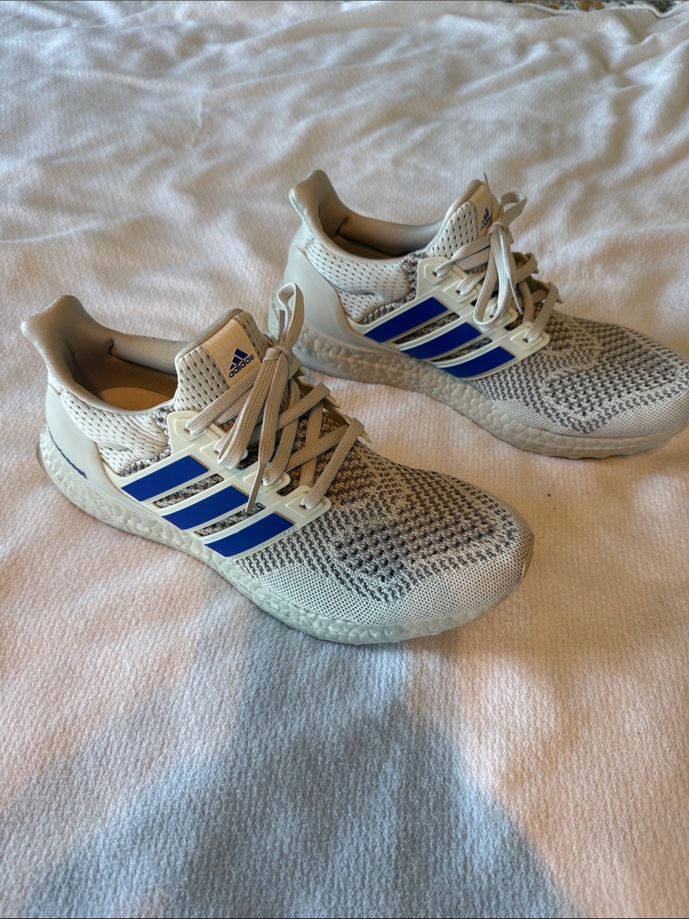 adidas Kids Cream and Blue Knit Lace-Up Sneakers